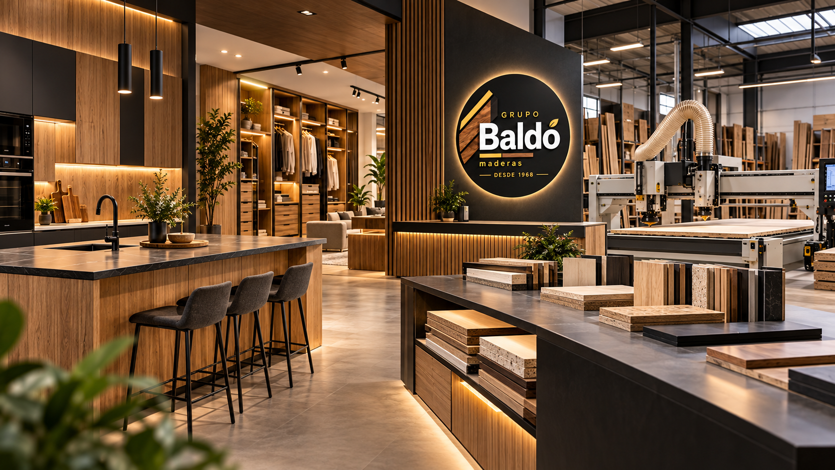 Showroom de Grupo Baldó con cocina, armarios, tableros y fabricación de madera a medida